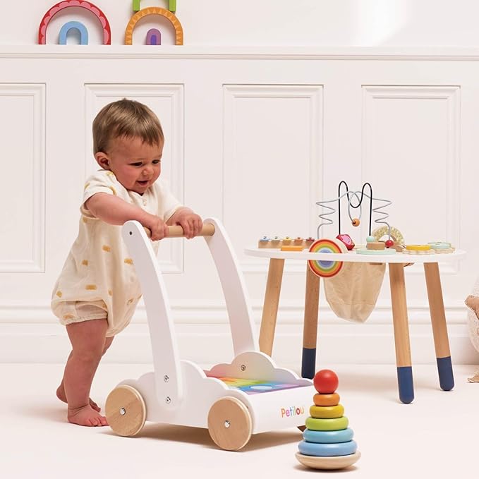 Le Toy Van - Petilou Wooden Walker Toy for Toddlers and Babies | Educational Rainbow Cloud Walker | Suitable for A Boy Or Girl 1 Year Old +, Multi, 45 Blocks (PL102)