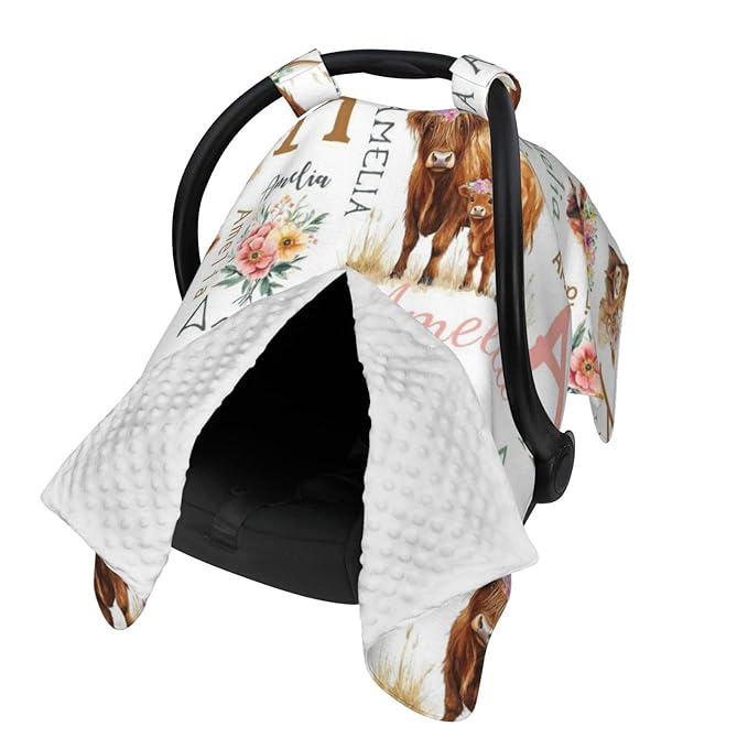 Personalized Highland Cattle Baby Car Seat Canopy for Girls, Custom Name Baby Carseats Cover, Multi-use Nursing Breastfeeding Scarf for Infant Newborn, Cute Cow Strollers Carseat Canopies