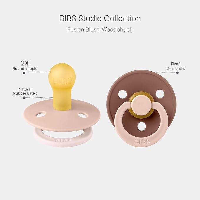 BIBS Colour Studio Pacifier 2-Pack, BPA Free, Round Nipple. Natural Rubber Latex, Made in Denmark, Size 1 (0-6 Months) - Blush/Woodchuck