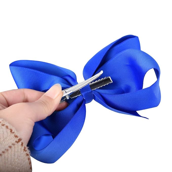 DEEKA 12 PCS 6" Big Hand-made Grosgrain Ribbon Hair Bow Alligator Clips Hair Accessories for Little Teen Toddler Girls - Roayl Blue