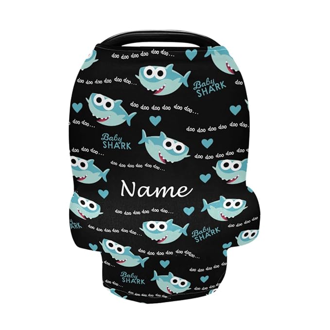 Personalized Cartoon Shark Baby Car Seat Cover for Boys Girls Newborn, Custom Baby Carseat Canopy with Name, Multiuse Nursing Covers, Infant Stroller Cover, Breastfeeding Scarf