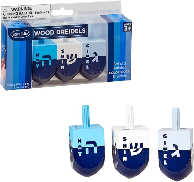 Rite Lite Hanukkah Dreidel Gift Set of 3 - Chanukah Colorblock Blue Wooden Dreidels Jewish Holiday Party Bulk Multicolor Dreidels with Hebrew Lettering Goodie Bag Rewards Hours of Fun!