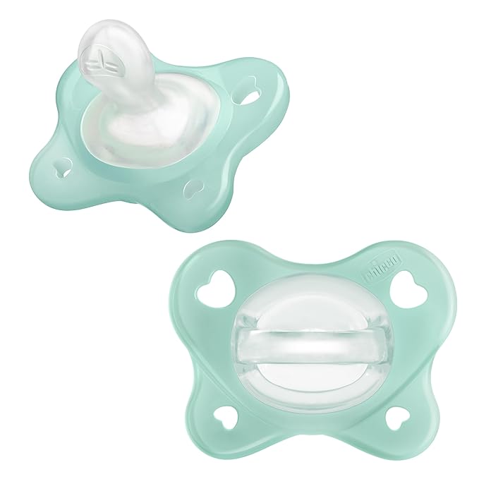 Chicco PhysioForma Dual Soft Orthodontic Pacifier for Babies 0-2 Months, 100% Soft Silicone, Supports Breathing, One-Piece Design, Included Sterilizing Case, BPA Free, 2-Pack, Seafoam