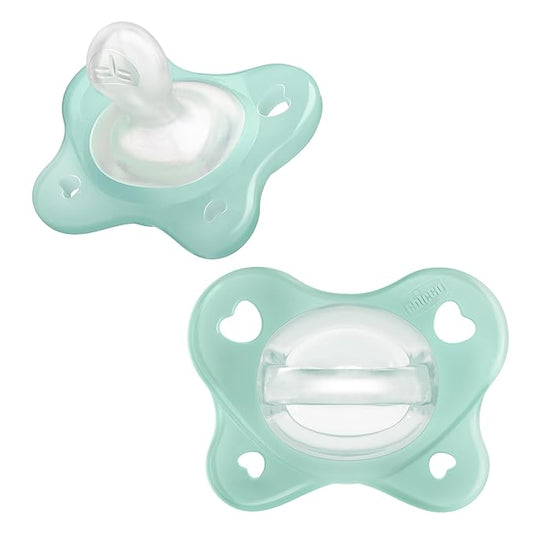 Chicco PhysioForma Dual Soft Orthodontic Pacifier for Babies 0-2 Months, 100% Soft Silicone, Supports Breathing, One-Piece Design, Included Sterilizing Case, BPA Free, 2-Pack, Seafoam