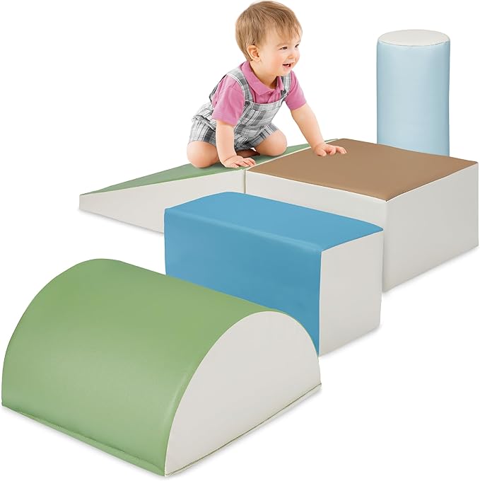 Best Choice Products Soft Foam Climbing Blocks for Toddlers, 5-Piece Baby Play Set, Easy-Clean Vinyl Foam Shapes, Safe Certified Materials, Early Learning Motor Skill Development Toy - Earth Tone