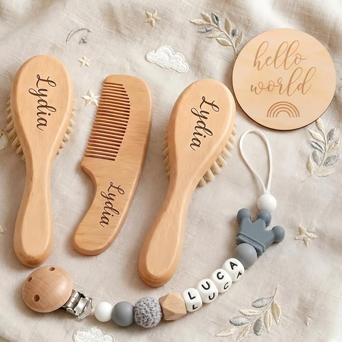 Personalized Wooden Baby Hair Brush and Comb Bristles,Personalized Pacifier Clip with Name Newborn Baby Gift Set