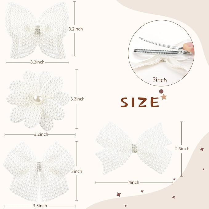 4Pcs Pearl Hair Bows for Girls, White Butterfly Flower Hair Bow Clip Wedding Hair Accessories for Baby Infants Toddlers Kids (Large size)