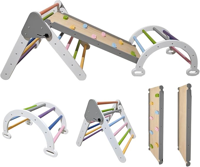 Pikler Triangle Climbing Set for Toddler 7 in 1 Rainbow Indoor Climber Set Foldable Montessori Wooden Climbing Toy with Ramp and Arch Indoor Gyms Playground for Toddlers Kids