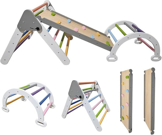 Pikler Triangle Climbing Set for Toddler 7 in 1 Rainbow Indoor Climber Set Foldable Montessori Wooden Climbing Toy with Ramp and Arch Indoor Gyms Playground for Toddlers Kids