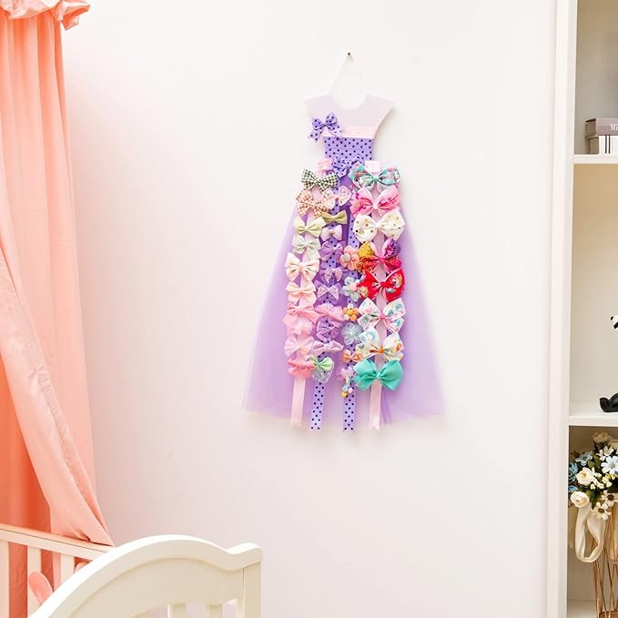 Bow Holder for Girls Hair Bows, Purple Princess Dress Hairbow Organizer, Wall Hanger Bow Rack Organizer for Girls Baby Room