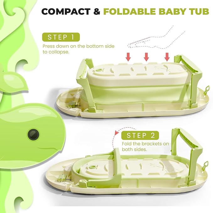Collapsible Baby Bathtub with Thermometer - Infant Bathtub with Drainage Hole - Baby Bathtub Newborn to Toddler 0-36 Months - Portable - Green