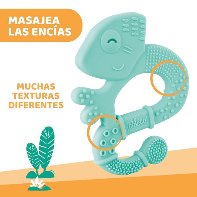 Chicco Super Soft Anneau de Dentition en Silicone avec Relief et Textures Pour bébé avec gencives sensibles, facile à saisir, ergonomique, bébé 2 Mois+, Design Iguana