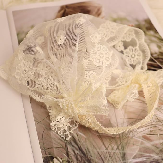Baby Girls Headband Lacy Bow Pearl Wide Hair Band Turban for Infants Newborn Toddler Floral Ivory Elastic Head Wrap Breathable Sun Bonnet Hair Accessories (Ivory F)