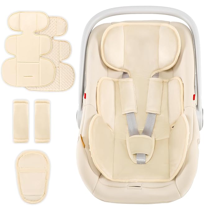 Hooyax Infant Car Seat Insert with Ultra-Thick Head Support - Universal 3-in-1 Baby Car Seat Cushion Set, Dual-Sided Newborn Carseat Insert for Carseat, Stroller, Bouncer, Swing(Apricot)