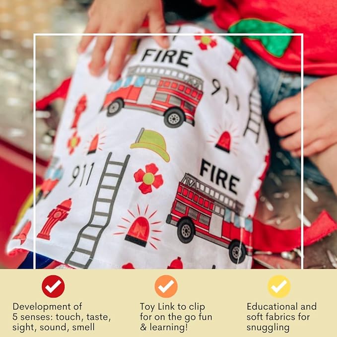 Baby Jack & Co 8x8” Fire Lovey Tag Toys for Babies - Baby Crinkle Toys - Crinkle Toys for Baby - Soft & Safe - Learn Shapes & Colors - Ideal Baby Toy - BPA Free w/Stroller Clip