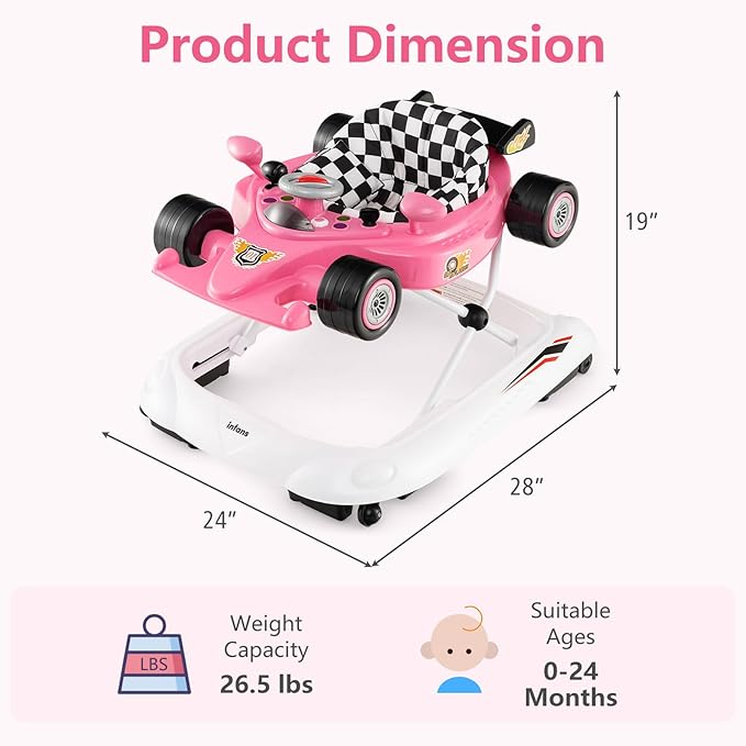 INFANS Foldable Baby Walker, 3 in 1 Toddler Activity Center Leaning-Seated Walk-Behind with Steering Wheel, Adjustable Height, Lights, Music, Washable Seat Cushion (Pink)