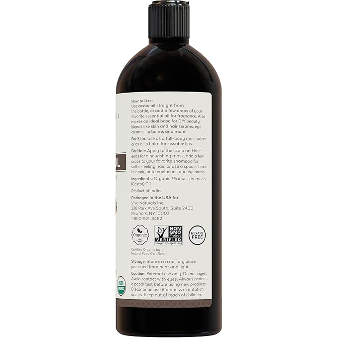 Viva Naturals Organic Castor Oil,Cold-Pressed,16 fl oz – For Face,Hair,Eyelashes,USDA Organic,Non-GMO - With Beauty Kit,(Pack of 2)