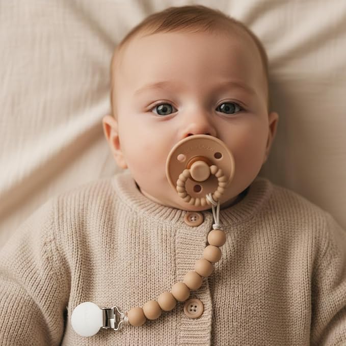 Luladream Pacifier and Clip Set - Natural Rubber Nipple - Soft Teething Handle - for Infants Baby's and Toddlers, 0-18 Months (Camel + Cream + Clips)