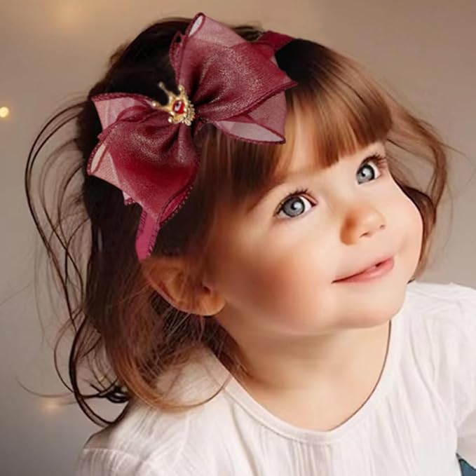 Cute Baby Girl Headband with Lace Bow and Crown Elastic Lace Bow Hair Band Newborn to Toddler Hair Accessory Shower Birthday Party Gift (Dark red, Free)