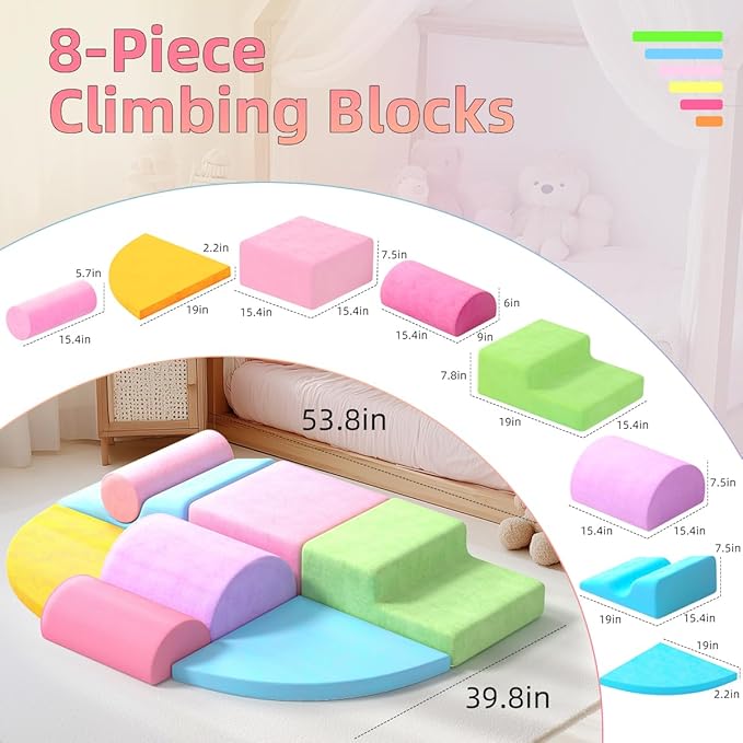 8 Piece Toddler Climbing Blocks，Soft Play Climbing Toys Indoor for Toddlers Ideal Crawling and Exploration Play Set for Baby Gym/Toddler Playground (Macaron Color, 8pcs)