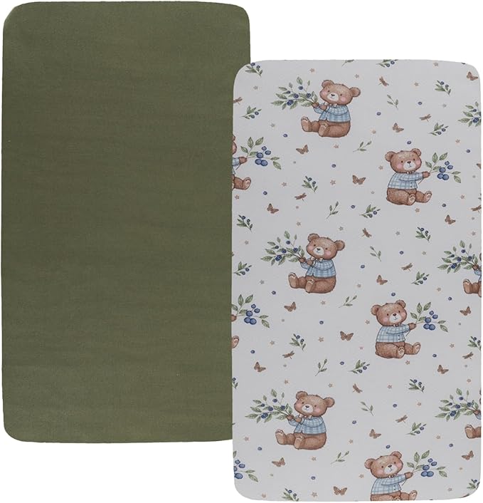 Stretchy Fitted Crib Sheets Set 2 Pack Portable Crib Mattress Topper for Baby Girl Boy,Ultra Soft Jersey Material, Light Green & Bear Leaf