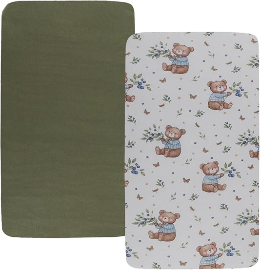 Stretchy Fitted Crib Sheets Set 2 Pack Portable Crib Mattress Topper for Baby Girl Boy,Ultra Soft Jersey Material, Light Green & Bear Leaf