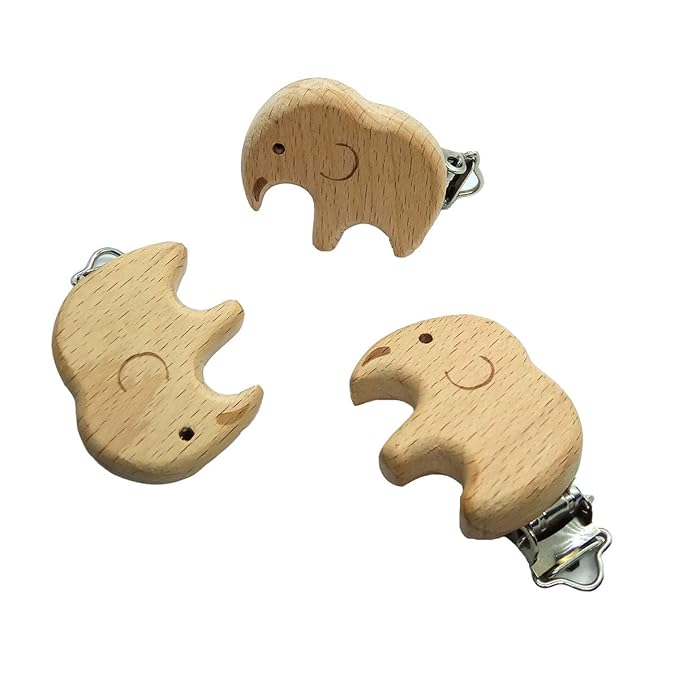 5pcs Natural Beech Wood Animal Pacifier Clips Grasping Toy Suspender Chain Clips Charm Antique DIY Beading Accessory (Elephant)