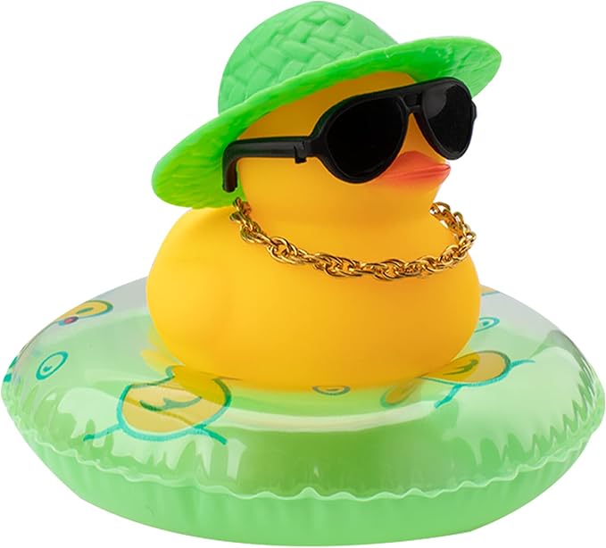 wonuu Car Rubber Duck, Yellow Duck Decoration Dashboard with Sun Hat Swim Ring Necklace Sunglasses for Car Dashboard Decorations