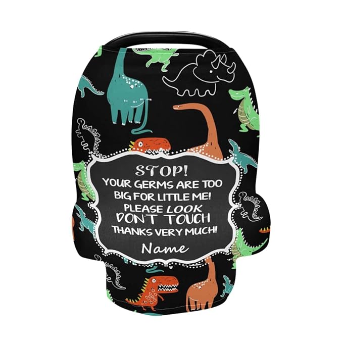 Personalized Dinosaur Baby Car Seat Covers for Boys, Customized No Touching Sign Carseat Canopy with Name, Infant Stroller Covers Multiuse Nursing Covers Breastfeeding Scarf, Newborn Gifts
