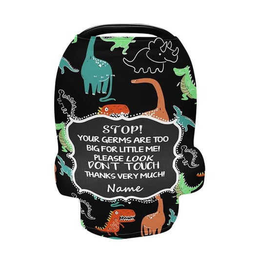 Personalized Dinosaur Baby Car Seat Covers for Boys, Customized No Touching Sign Carseat Canopy with Name, Infant Stroller Covers Multiuse Nursing Covers Breastfeeding Scarf, Newborn Gifts