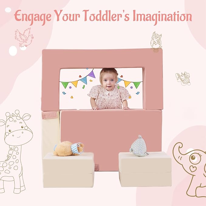 Toddler Foam Climbing Blocks|Modular Kids Soft Play Couch Sofa with 2 Ottomans Indoor,Baby Crawling & Sliding Foldable Soft Play Set with Stair,Beige & Pink