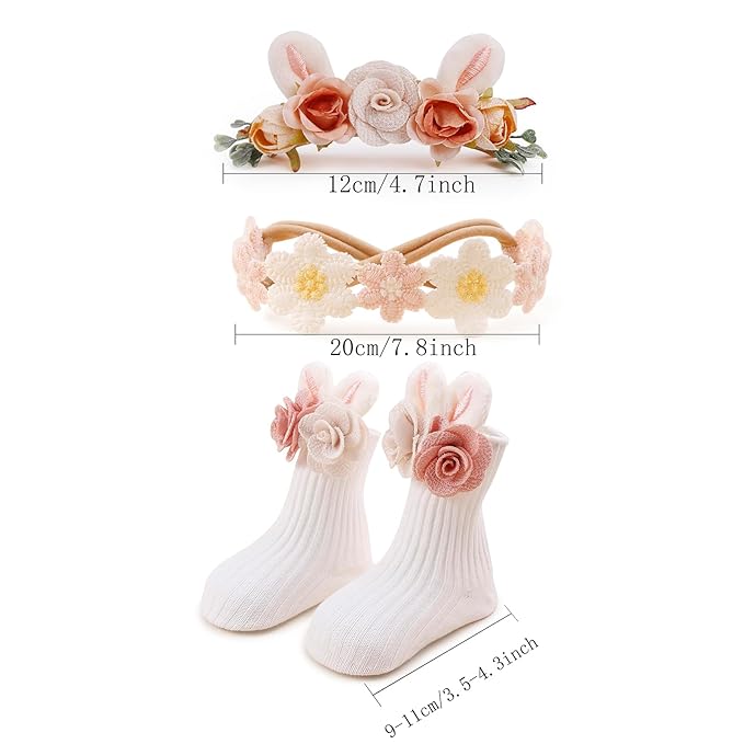cherrboll Baby Girl Headbands and Socks Set, 3Pcs Soft Floral Hairbands Hair Bows Knit Socks for Newborn Infants Toddlers Photography Props Easter Gifts