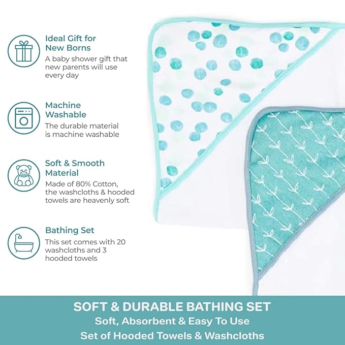 Spasilk Bath Hooded Towels & Washcloths Set for Babies, 23-Piece Gift Set, Green Dots