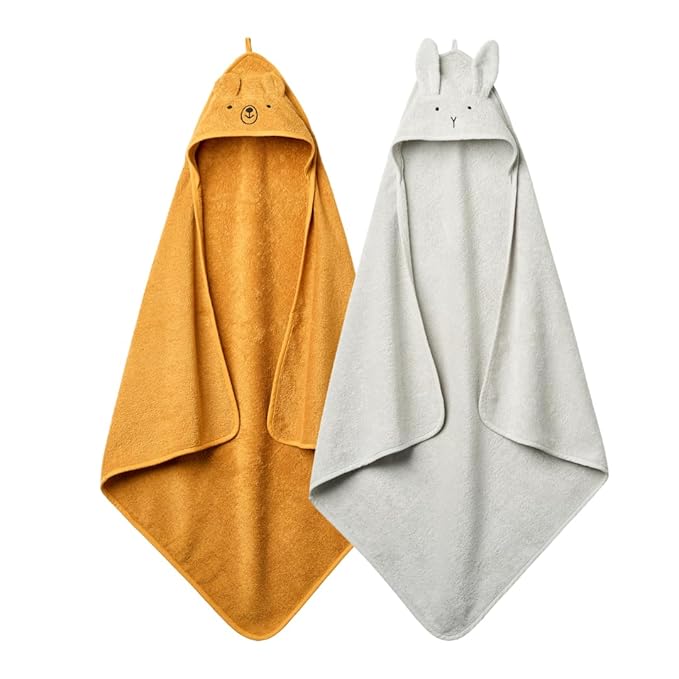 Hooded Baby Towels - 100% Organic Cotton Baby Bath Towels, 32" x 32" Super-Soft and Absorbent Baby Towels for Newborn 2-Pack (Grey/Yellow)