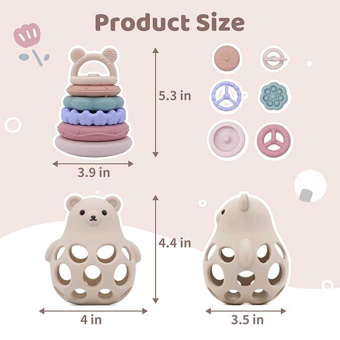 Baby Bear Teething & Stacking Toy Set - Teething Toys Silicone Teethers, Soft Baby Stacker Rings Teether, Learning Toy Gift for Boys and Girls 6+ Months (Beige)