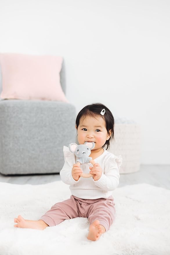 Pearhead Mouse Wooden Baby Teether – Soft Plush Lovey with Natural Wood Rattle Ring, BPA-Free, Soothes Infant Gums, Multi-Sensory Newborn Essential for Boys and Girls, 0+ Months