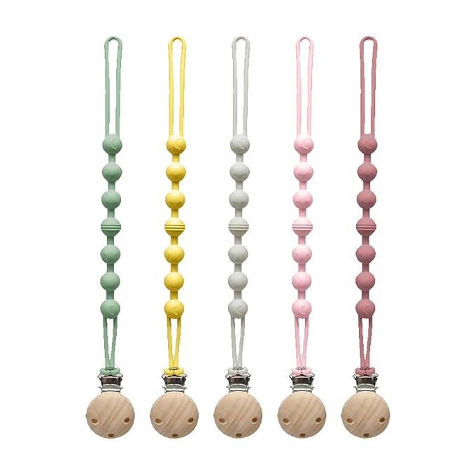 Pacifier Clip for Boys Girls - MORIBOX 5 Pack Paci Clip Soothie Baby Binky Holder for Shower Birthday Gift (Beige+Yellow+Green+Maroon+Pink)