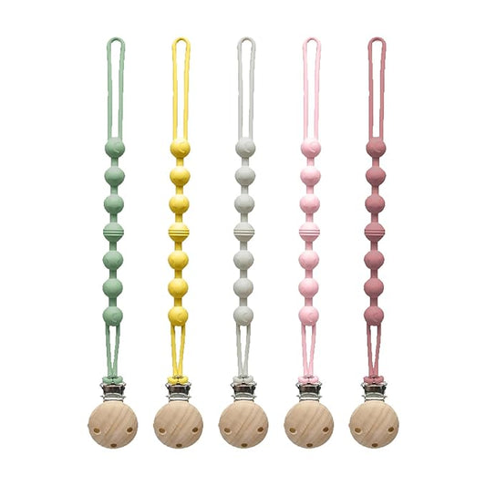 Pacifier Clip for Boys Girls - MORIBOX 5 Pack Paci Clip Soothie Baby Binky Holder for Shower Birthday Gift (Beige+Yellow+Green+Maroon+Pink)