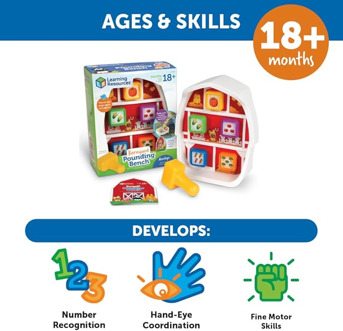 Learning Resources Barnyard Pounding Bench, Farm Animals for Kids, Fine Motor Skills, Montessori Toys, Hammer Toy , Ages 18 Months+, 3 Pieces