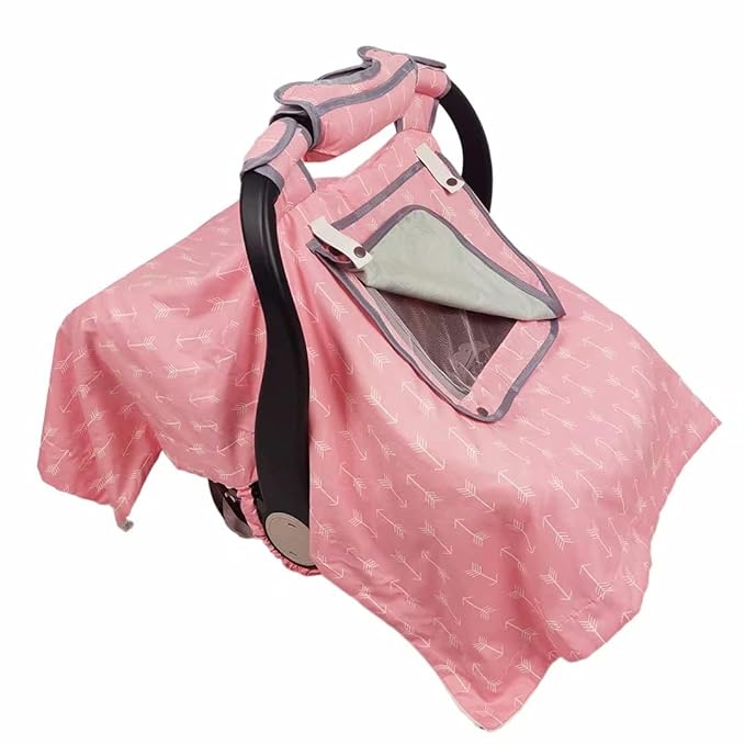 Car seat Covers for Babies, 2-in-1 Nursing Cover & Infant Carseat Canopy with 3 Options net winow Opening, kick-Proof Yet Anti-Slip Carrier Cover, Suit 4 Seasons Winter, Pink-Perfect for Girls;