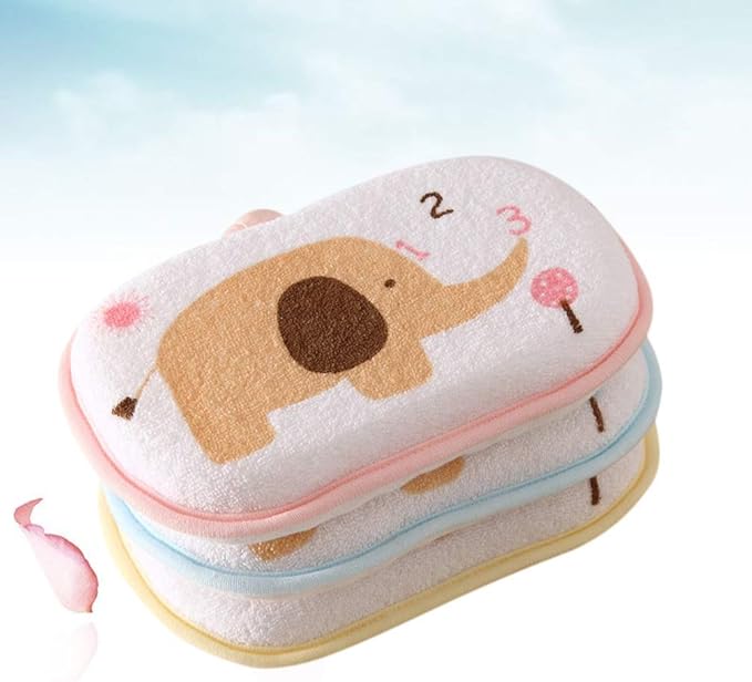 Lurrose 3PCS Baby Bath Sponge Cartoon Elephant Soft Cotton Scrubber Bath Brush Rubbing Towel for Toddler Infant (Mixed Color)
