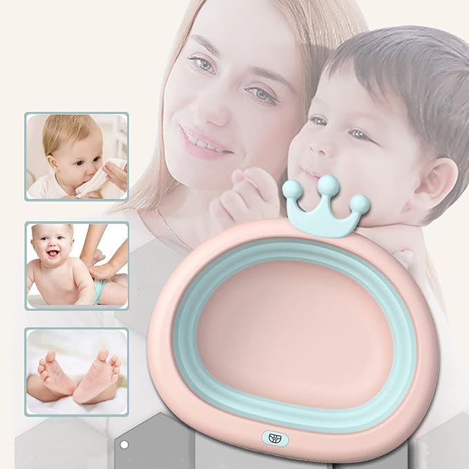 Collapsible Wash Basin for Baby, Multipurpose Portable Baby Wash Basin Washing Up Basin for Home, Kitchen, Outdoor Travelling (Pink+Blue)