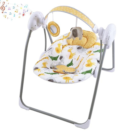 Baby Swing for Infant,Newborn Swing with Music,5 Speed Levels,Timing Setting,Soft Cushion,Foldable Infant Swing with Hanging Elephant Toy & Mirror for Indoor Outdoor Use 0-9 Months