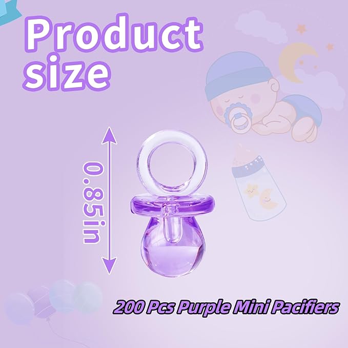 200 Pieces 0.86 Inch Baby Pacifier Baby Shower Plastic Pacifier for Baby Shower Pacifier, Baby Shower Gender Show Party Decoration DIY Birthday Party Gift (Purple)