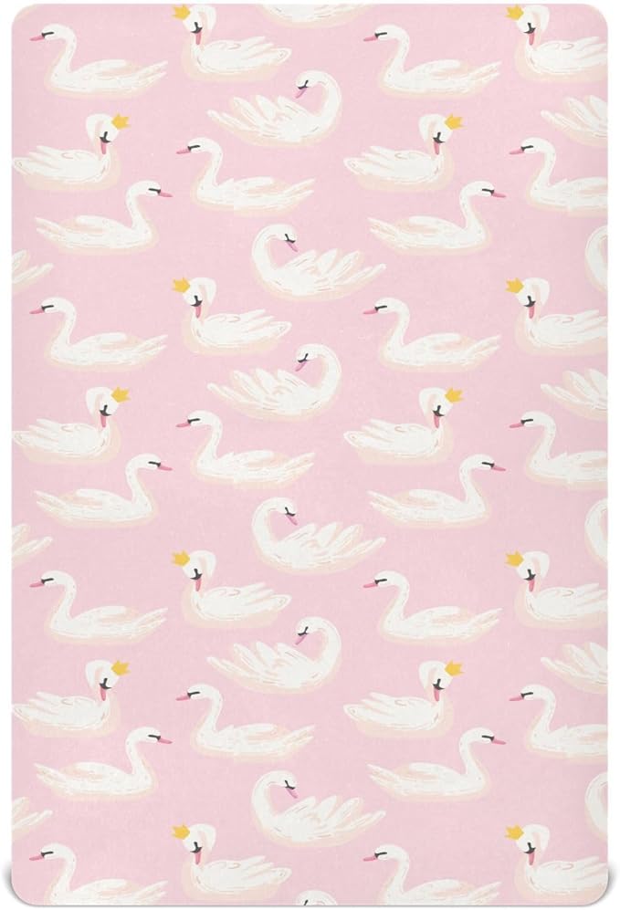Fitted Crib Sheets Pink Cute Swan Animals Stretchy Portable Playard Sheets for Baby Toddler, Breathable Soft Mini Crib Mattress 52 x 28 in for Boys and Girls