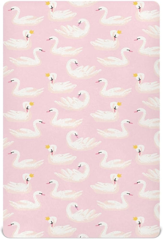 Fitted Crib Sheets Pink Cute Swan Animals Stretchy Portable Playard Sheets for Baby Toddler, Breathable Soft Mini Crib Mattress 52 x 28 in for Boys and Girls