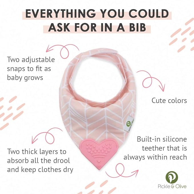Pickle & Olive Baby Girl Bandana Teething Bibs - Attached Heart Teether - Set of 4 - Pink