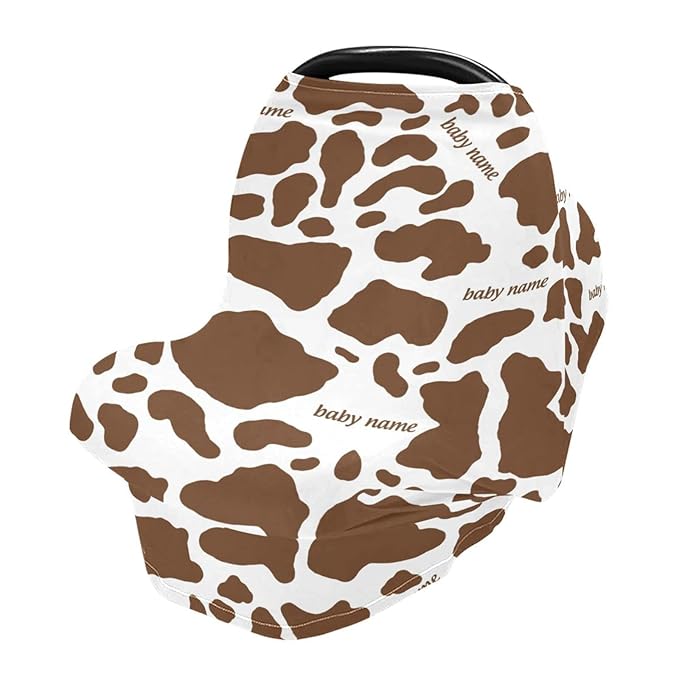 Personalized Baby Car Seat Cover for Babies, Custom Name Baby Car Seats Canopy for Boys Girls, Nursing Breastfeeding Stroller Covers for Infant Newborn, Shower Gift (Cow Print Brown)