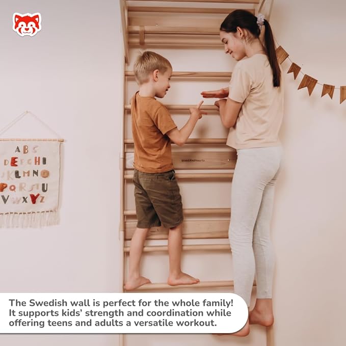 Woodandhearts Swedish Ladder for Kids with Rope Accessories - Indoor Jungle Gym, Indoor Jungle Gym for Kids Ages 3-16, Indoor Climbing Gym (Swedish Ladder of 3 Parts (Natural Wood Color))