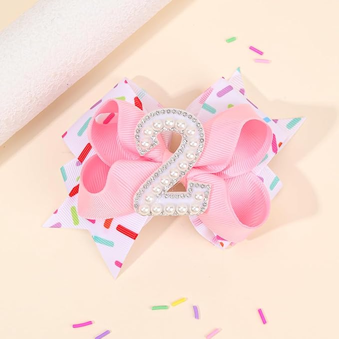 Birthday Pearl Hair Bow Clips for Baby Girls - 2Pcs Sweet Pink Hair Clips Number 2 Made of Many Small pearls for 2nd Birthday Bow Party Decorations for Girls Toddlers Hair Accessories (Pearl-2 Years)